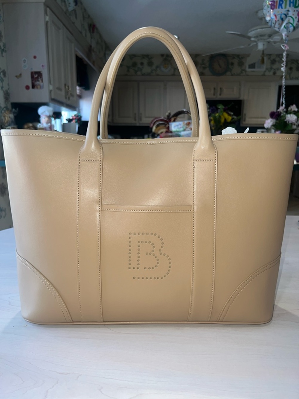 NWOT Brooks Brothers Beige Leather Tote with Perforated 'BB' Monogram